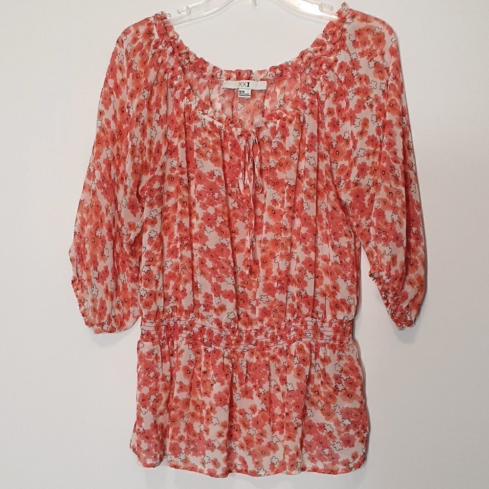 XXI Sheer Chiffon Floral Peasant Top; Smocked Waist; Size Medium